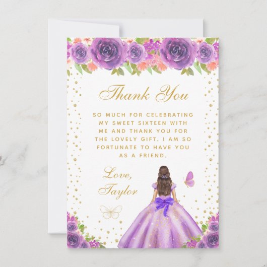 Carte De Remerciements Pomme Florale Brunette Cheveux Princesse Sweet six (Devant)