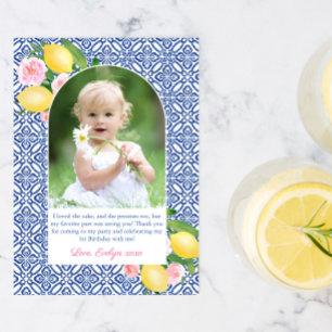 Carte De Remerciements Positano Lemons Carreaux Bleus Fille Photo d'anniv