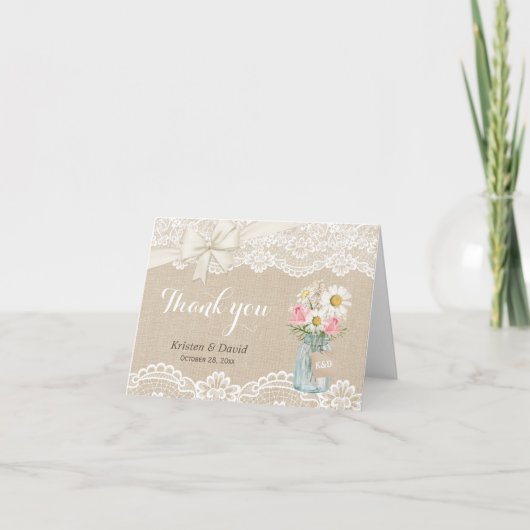 Carte De Remerciements Pot de fleurs en lin rustique avec jarre de maçon  (Devant)