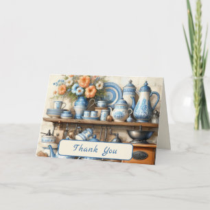 Carte De Remerciements Pots à Café Bleus et Blancs de Style Rétro