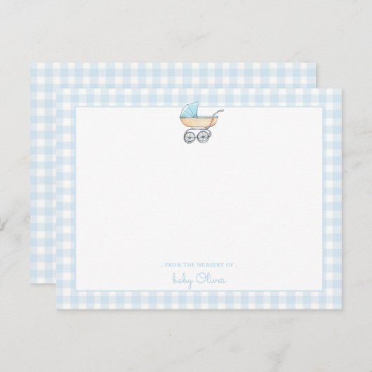 Carte De Remerciements Poupée bleue avec en vichy bordure bébé garçon (Devant / Derrière)