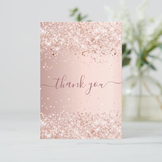 Carte De Remerciements Poussière de paillettes or rose pour anniversaire  (Debout devant)