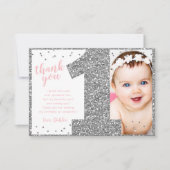 Carte De Remerciements Premier Anniversaire Argent et Rose  (Devant)