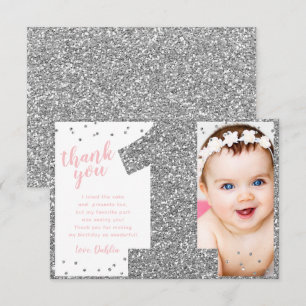Carte De Remerciements Premier Anniversaire Argent et Rose
