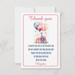 Carte De Remerciements Premier Anniversaire - Cadeaux et ballons aquarell