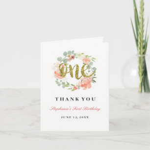 Carte De Remerciements Premier anniversaire Couronne florale or rose