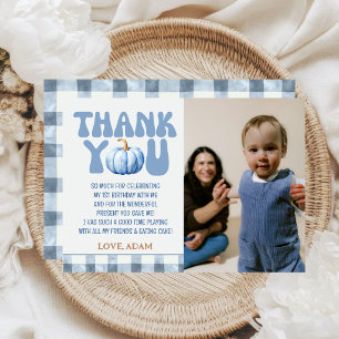 Carte De Remerciements Premier anniversaire de Little Pumpkin, gingham bl