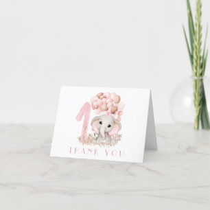Carte De Remerciements Premier Anniversaire Eléphant Cute En Rose