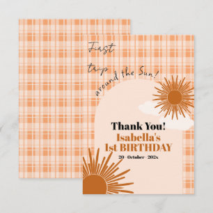 Carte De Remerciements Premier anniversaire Orange Plaid autour du Soleil