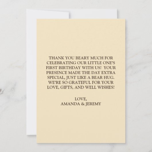 Carte De Remerciements Premier anniversaire ours couleur jaune neutre pou (Dos)