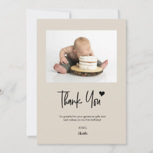 Carte De Remerciements Premier anniversaire personnalisé photo beige écri