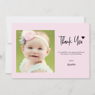Carte De Remerciements Premier anniversaire personnalisé photo rose lettr