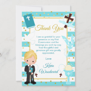 Carte De Remerciements Premier garçon blond à communion solennelle avec r