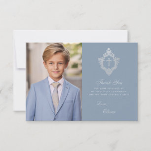 Carte De Remerciements Première Communion Bleu Poussiéreux Élégant Garçon