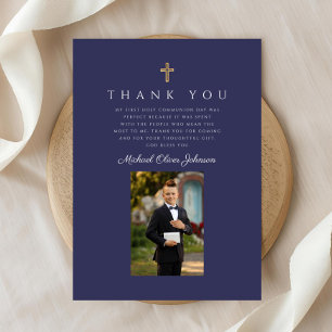 Carte De Remerciements Première communion catholique élégante bleu marine