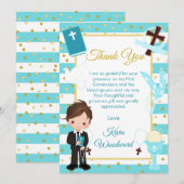 Carte De Remerciements Première communion de garçon brunette à rayure ble (Devant / Derrière)