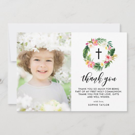 Carte De Remerciements Première communion de la couronne florale tropical (Devant)