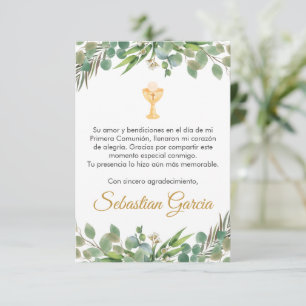 Carte De Remerciements Première communion de verdure éditable en espagnol