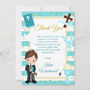 Carte De Remerciements Première communion d'un garçon brunette à rayure b