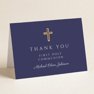 Carte De Remerciements Première communion élégante bleu marine garçon