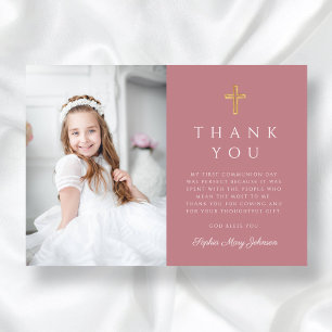 Carte De Remerciements Première communion élégante croix rose fille photo