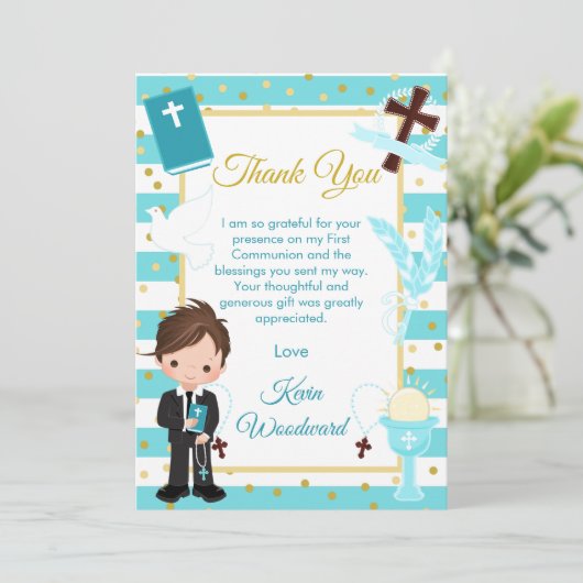 Carte De Remerciements Première communion garçon brunette à rayure bleue (Debout devant)