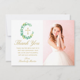 Carte De Remerciements Première communion Green Wreath Gold Cross Photo