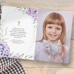 Carte De Remerciements Première communion | Lilac Floral Photo géométriqu<br><div class="desc">Ce design est composé d'Hydrangeas qui symbolisent la gratitude sincère. Les fleurs lilas sont disposées avec le cadre géométrique en faux or. Ajoutez une photo. Disponible ici : http://www.zazzle.com/store/selectpartysupplies</div>