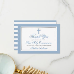 Carte De Remerciements Première Communion Lumière Bleu Argent rayé