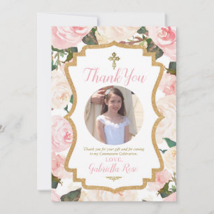 Carte De Remerciements Première communion ou baptême floral rose