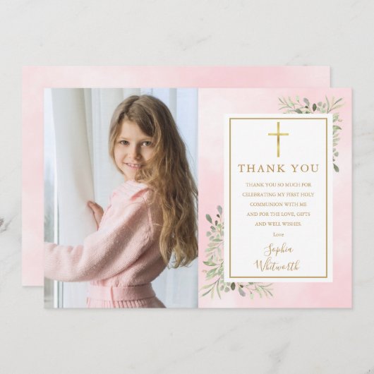 Carte De Remerciements Première Communion Pink Green Photo (Devant / Derrière)