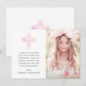 Carte De Remerciements Première Communion rose Floral Croix Script photo (Devant / Derrière)