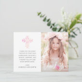 Carte De Remerciements Première Communion rose Floral Croix Script photo (Debout devant)