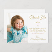 Carte De Remerciements Première Communion Simple Gold Script Cross Photo (Devant / Derrière)
