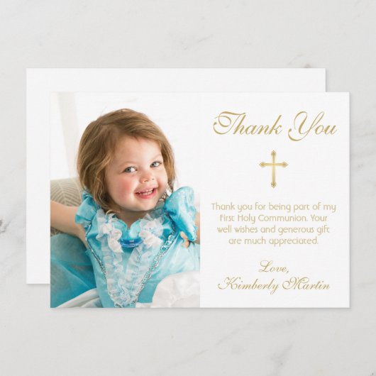 Carte De Remerciements Première Communion Simple Gold Script Cross Photo (Devant / Derrière)