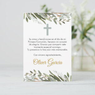 Carte De Remerciements Première communion verte mignonne en espagnol modi