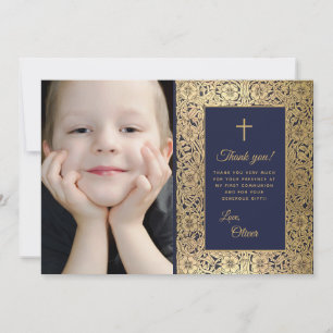 Carte De Remerciements Première Communion Vintage Bleu Or Floral Photo