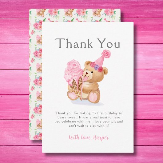 Carte De Remerciements Première fille d'anniversaire Teddy Bear Crème de 