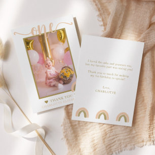 Carte De Remerciements Première photo anniversaire Boho arc-en-ciel rose 