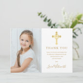 Carte De Remerciements Première Sainte Communion Croix d'or Signature Pho (Debout devant)