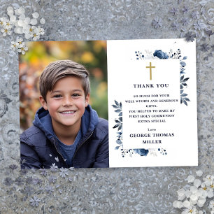 Carte De Remerciements Première Sainte Communion de photo florale bleu ma