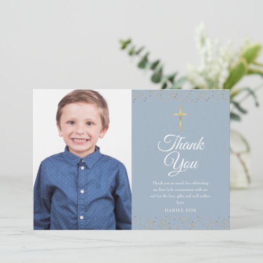 Carte De Remerciements Première Sainte Communion Dusty Blue Gold Dust Pho (Debout devant)