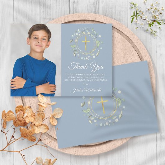 Carte De Remerciements Première Sainte Communion Dusty Blue Greenery Phot