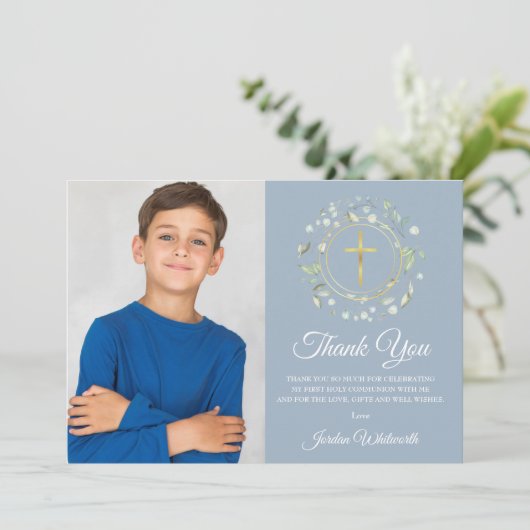 Carte De Remerciements Première Sainte Communion Dusty Blue Greenery Phot (Debout devant)