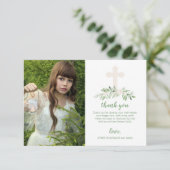 Carte De Remerciements Première sainte communion élégante de rose blanc (Debout devant)