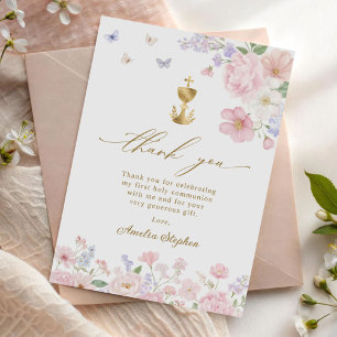 Carte De Remerciements Première Sainte Communion Fleur pastel pour fille