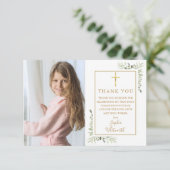 Carte De Remerciements Première Sainte Communion Green Photo Or (Debout devant)