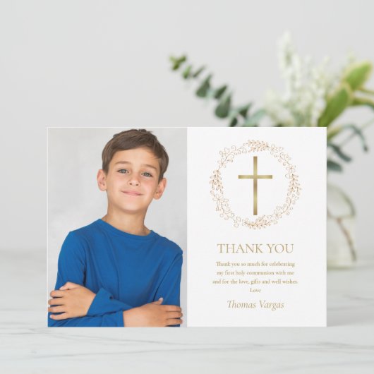Carte De Remerciements Première Sainte Communion Or Floral Garland Photo (Debout devant)