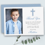 Carte De Remerciements Première Sainte Communion Photo Bleu clair<br><div class="desc">Élégant premier Carte de remerciements de communion avec Croix d'argent. Photo Avant. Script bleu clair.</div>