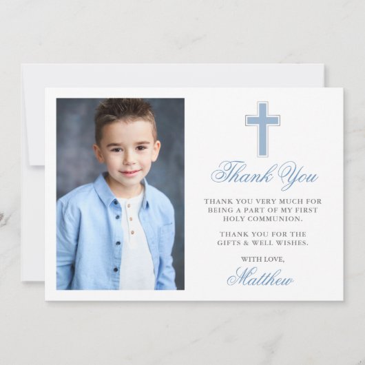 Carte De Remerciements Première Sainte Communion Photo Bleu clair rayé (Devant)